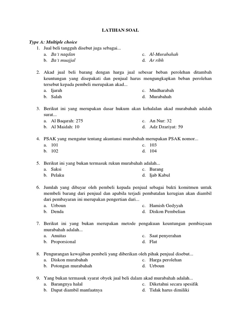 Latihan Soal Silabus 4 Transaksi Akad Murabahah Docx