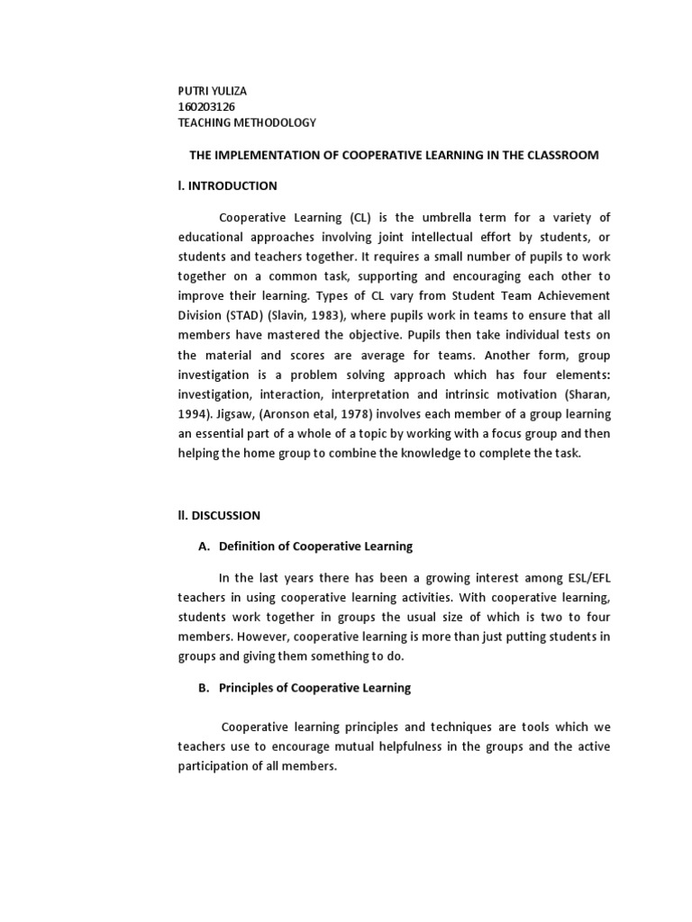 Cooperative Learning in ESL Classrooms | PDF | English As A Second Or ...