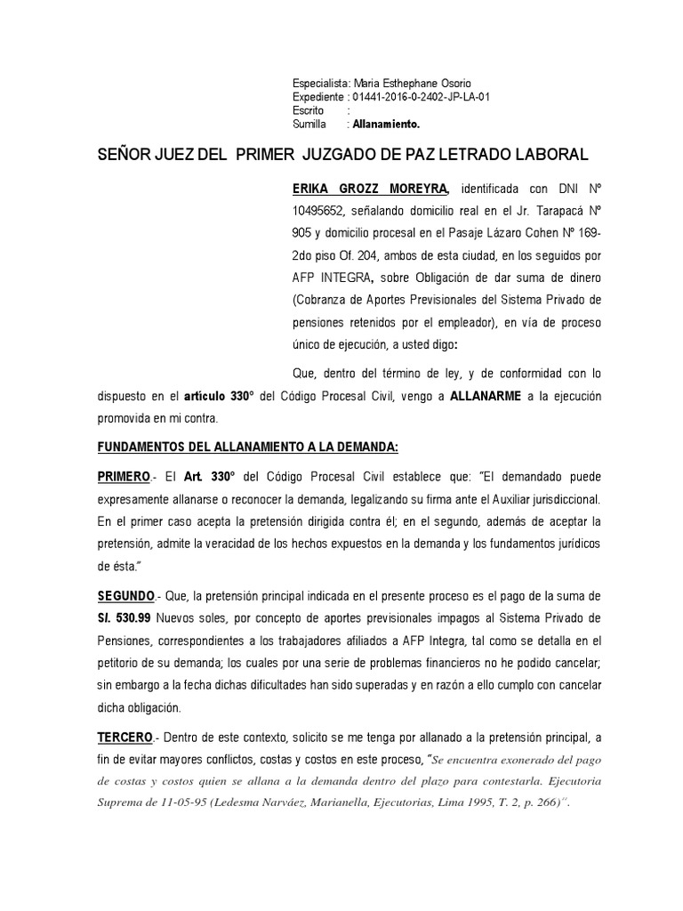 Allanamiento de Demanda Afp | PDF | Demanda judicial | Ley procesal