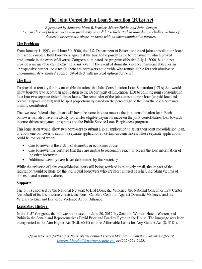 Joint Consolidation Loan Separation (JCLS) Act 116th One Pager PDF