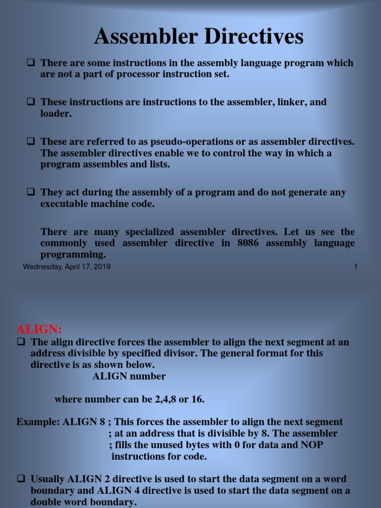 assembler directive in microprocesser 8086 Assembly Language