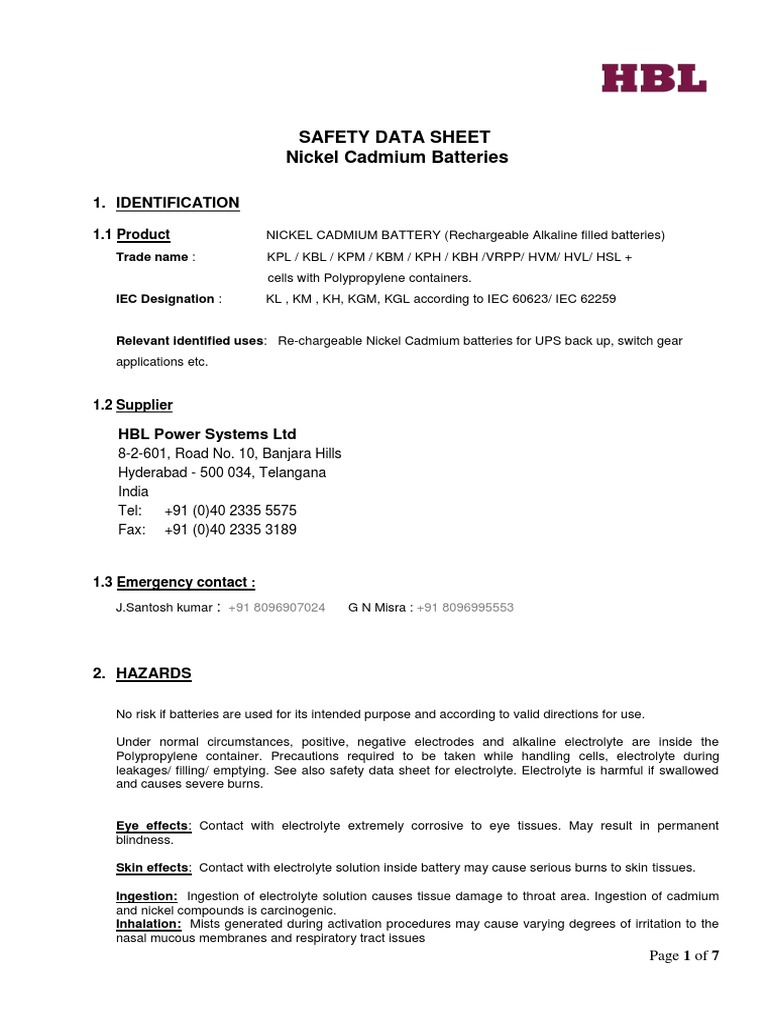 Safety Data Sheet - Ni - CD - Polypropylene Containers - Filled - R1 ...