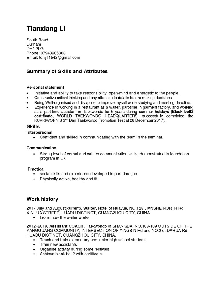 Tianxiang Li: Skills and Experience Summary | PDF | Business | Economies