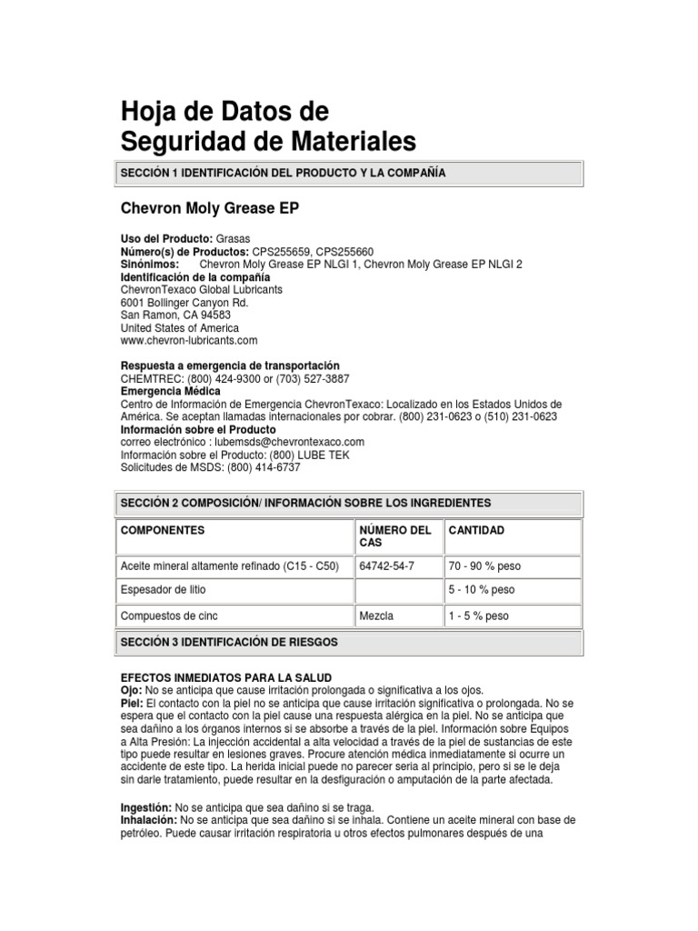 Hoja de Datos de Seguridad de Materiales Chevron Moly Grease EP PDF