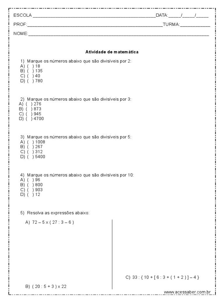 Arquivos atividade de matemática 6º ano - Acessaber