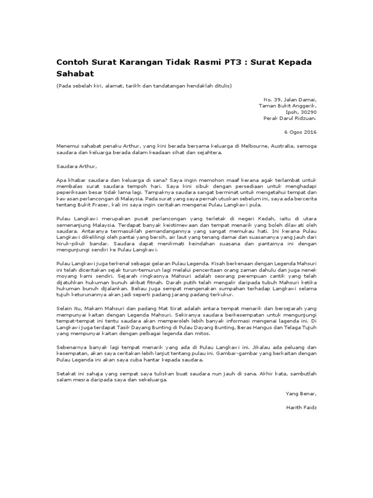 Contoh Surat Karangan Tidak Rasmi