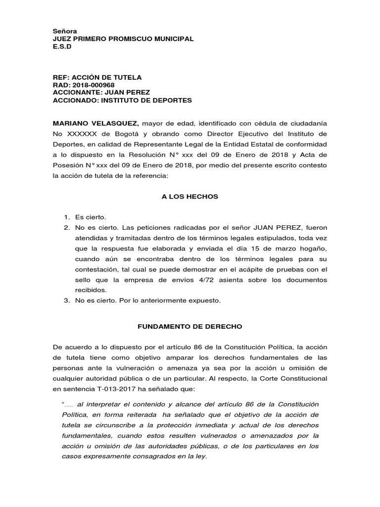 Contestación a Acción de Tutela 2018-000968 | PDF | Derecho ...