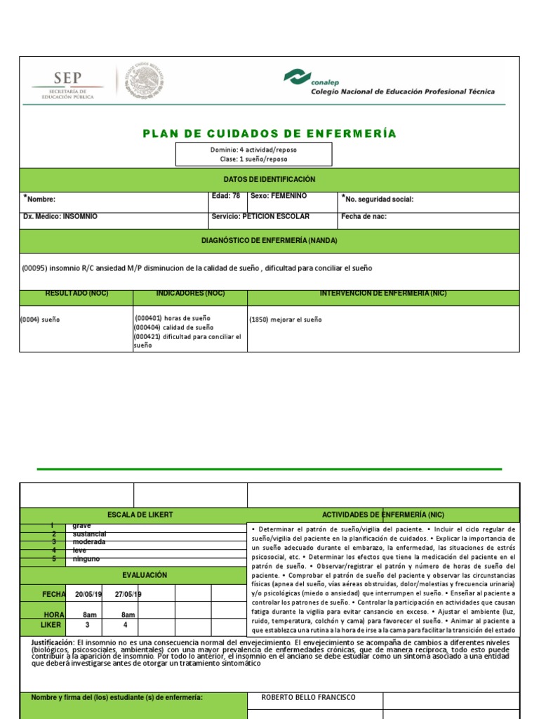 Plan de Cuidados para Insomnio en Ancianos | PDF | Dormir | Ansiedad