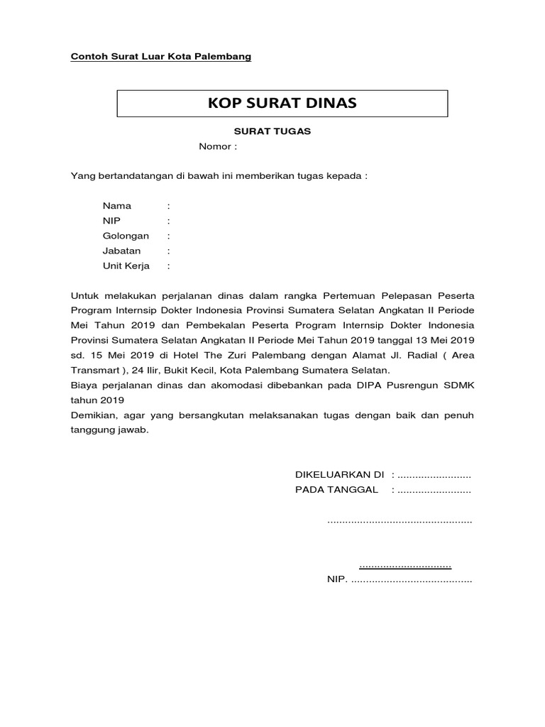 Surat Tugas Luar Kota Palembang Docx