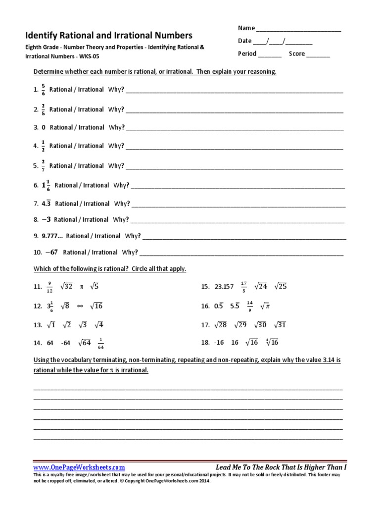 Identifying Rational and Irrational Numbers WKS 23  PDF  Complex Intended For Rational Irrational Numbers Worksheet