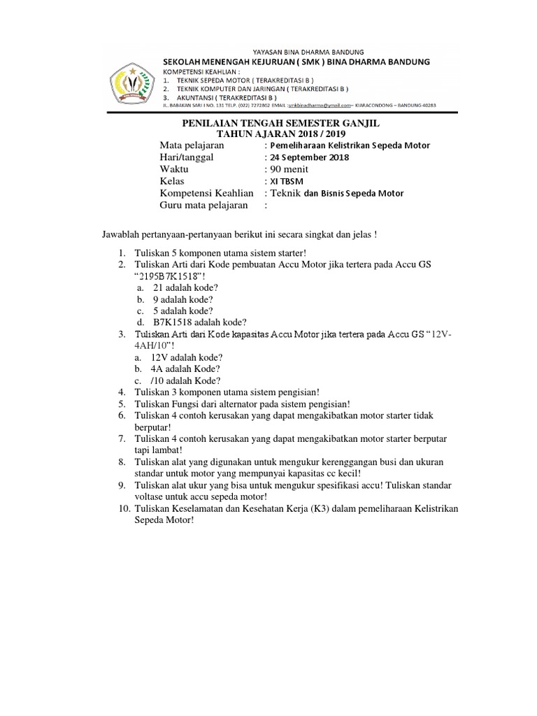 Soal Pemeliharaan Kelistrikan Sepeda Motor Kelas Xi Tbsm