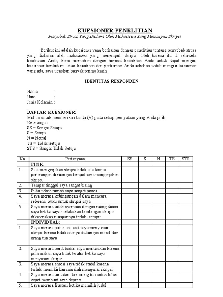 Kuesioner Penelitian Stress Mhs