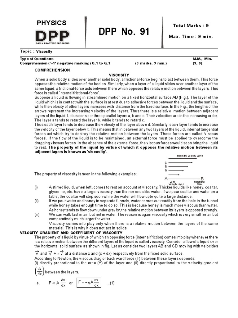 DPP No. 91: Physics | PDF | Drag (Physics) | Viscosity
