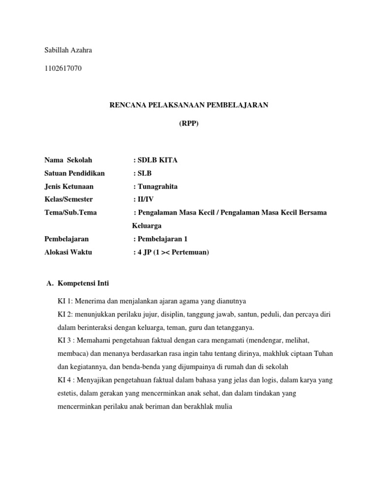 Rpp Tunagrahita Kelas 2 Tema 4 Docx