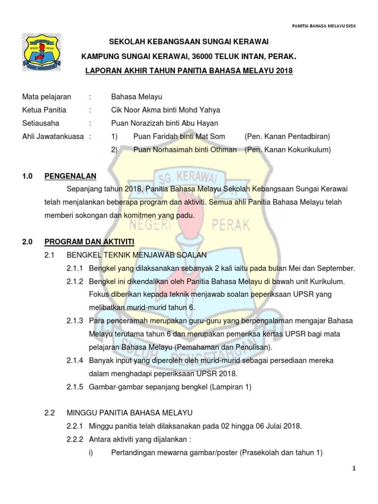 Laporan Akhir Tahun Panitia Bahasa Melayu Sksk 2018 Docx