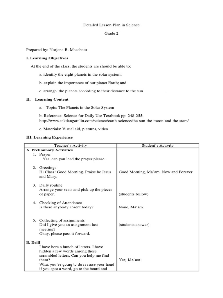 Grade 2 Science Lesson Plan: Solar System | PDF | Planets | Saturn