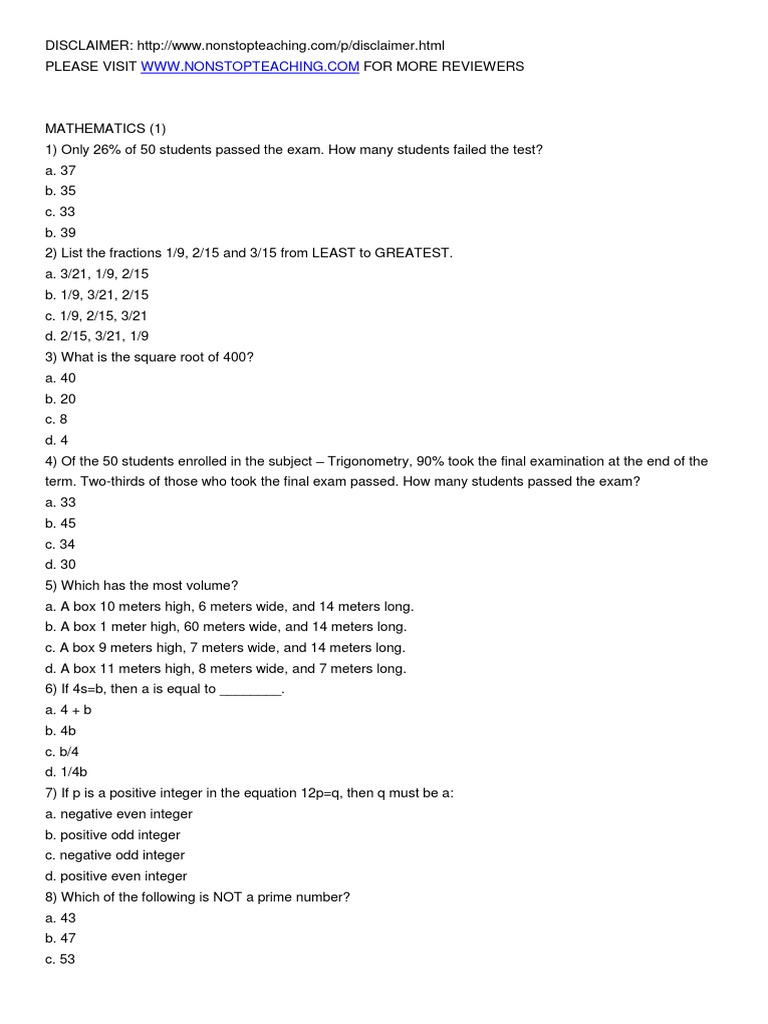 LET Mathematics Reviewer with Solutions | PDF | Fraction (Mathematics ...