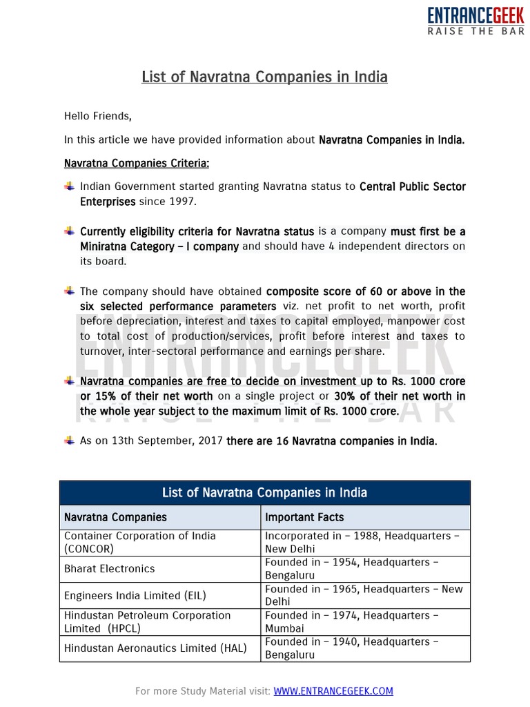 List of Navratna Companies in India PDF Download by EntranceGeek PDF