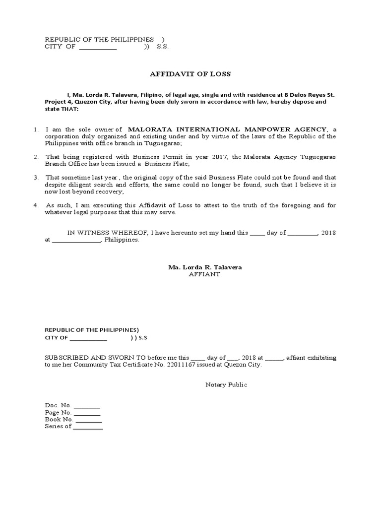 Affidavit of Loss Affidavit Notary Public