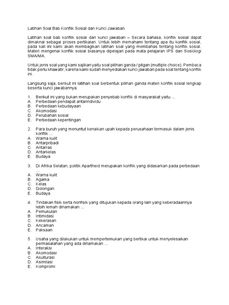 Latihan Soal Bab Konflik Sosial Dan Kunci Jawaban