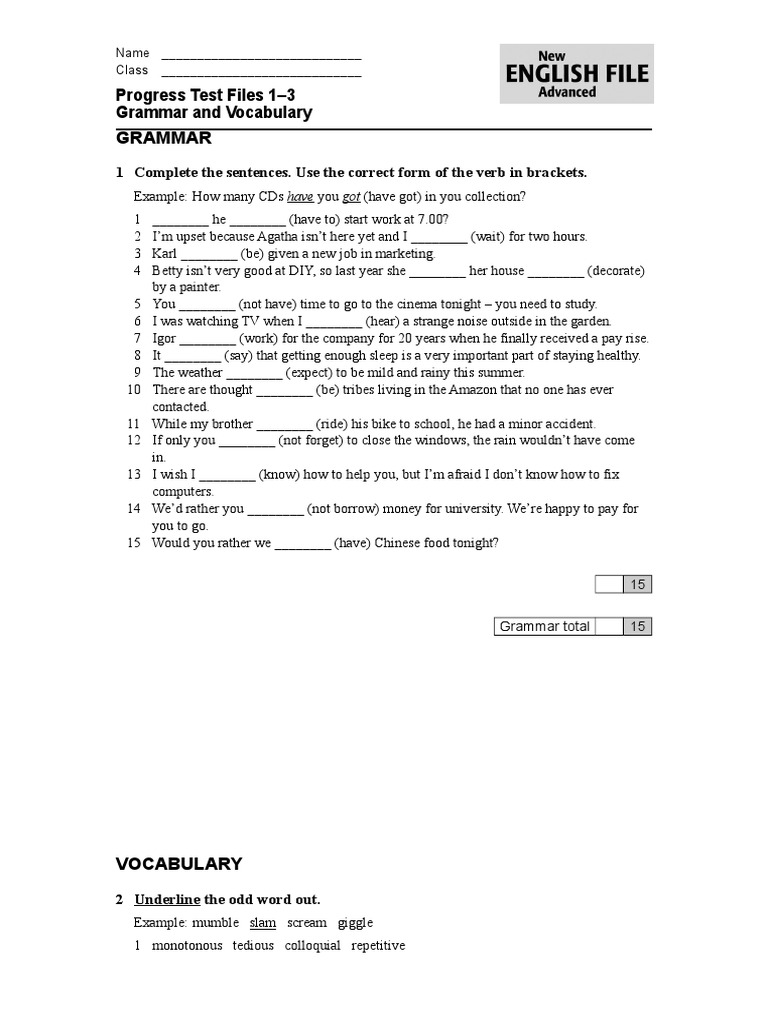 Progress Test Files 1-3 Grammar and Vocabulary Grammar | PDF | Wealth