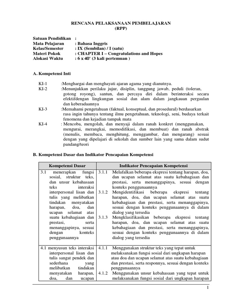 Rpp Bahasa Inggris Kelas 9 Smp Mts Semester 1 Materi Congratulations And Hopes Pdf