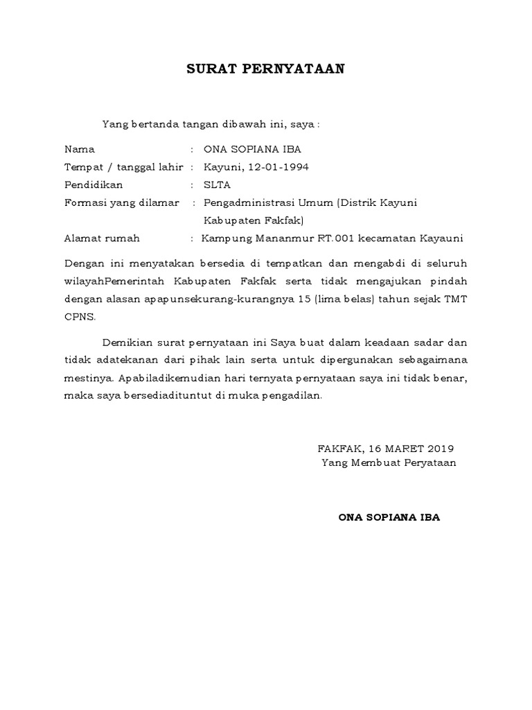 Contoh Surat Pernyataan Mengabdi Docx