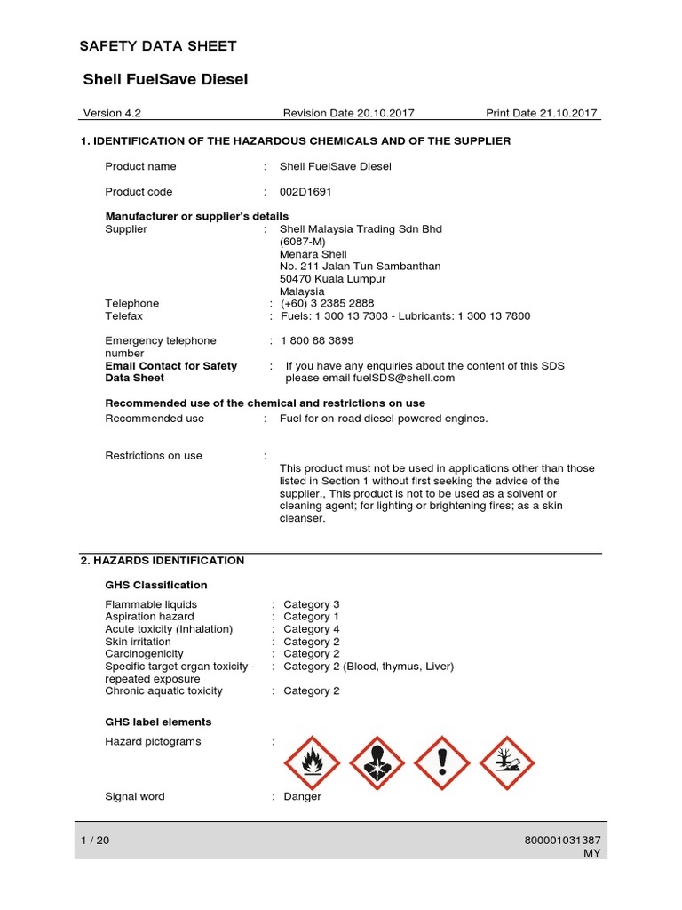 Shell FuelSave Diesel Safety Data Sheet | PDF | Personal Protective ...