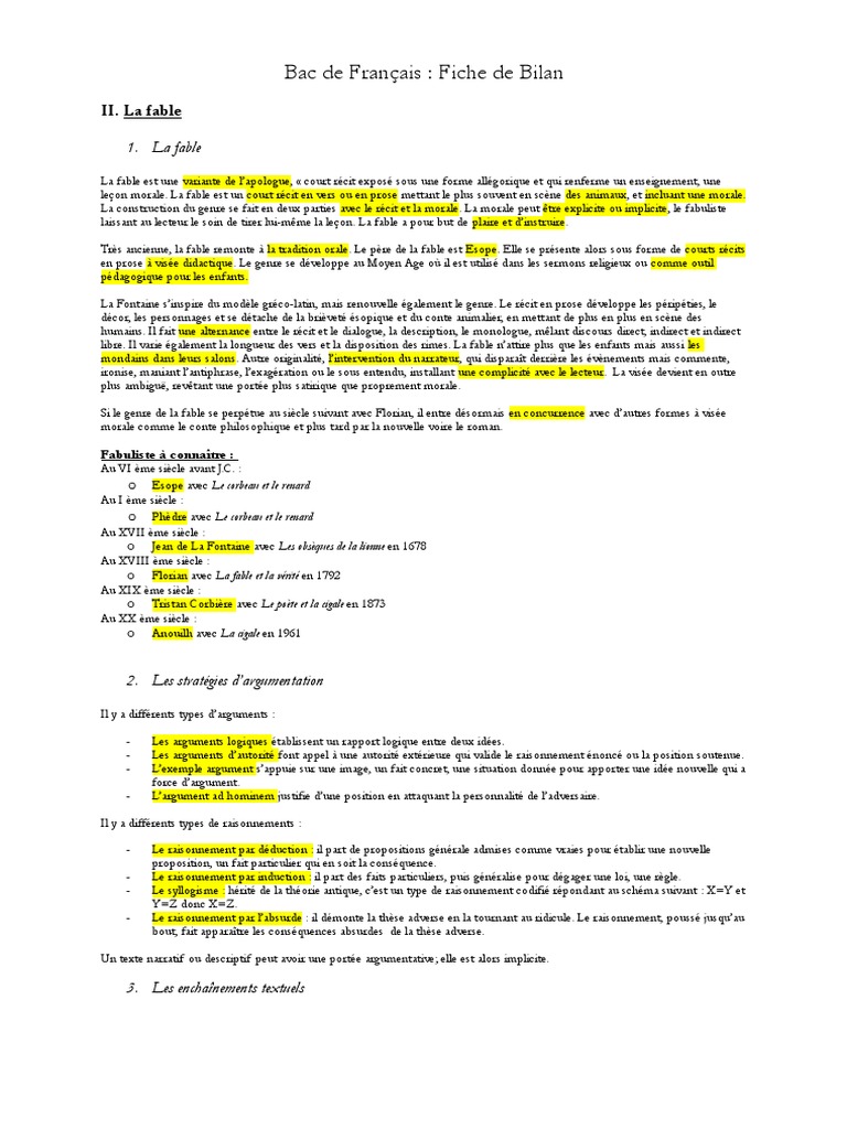Fiche Révision Bac Français Pdf Bac de Français: Fiche de Bilan | PDF | Fable | Clause