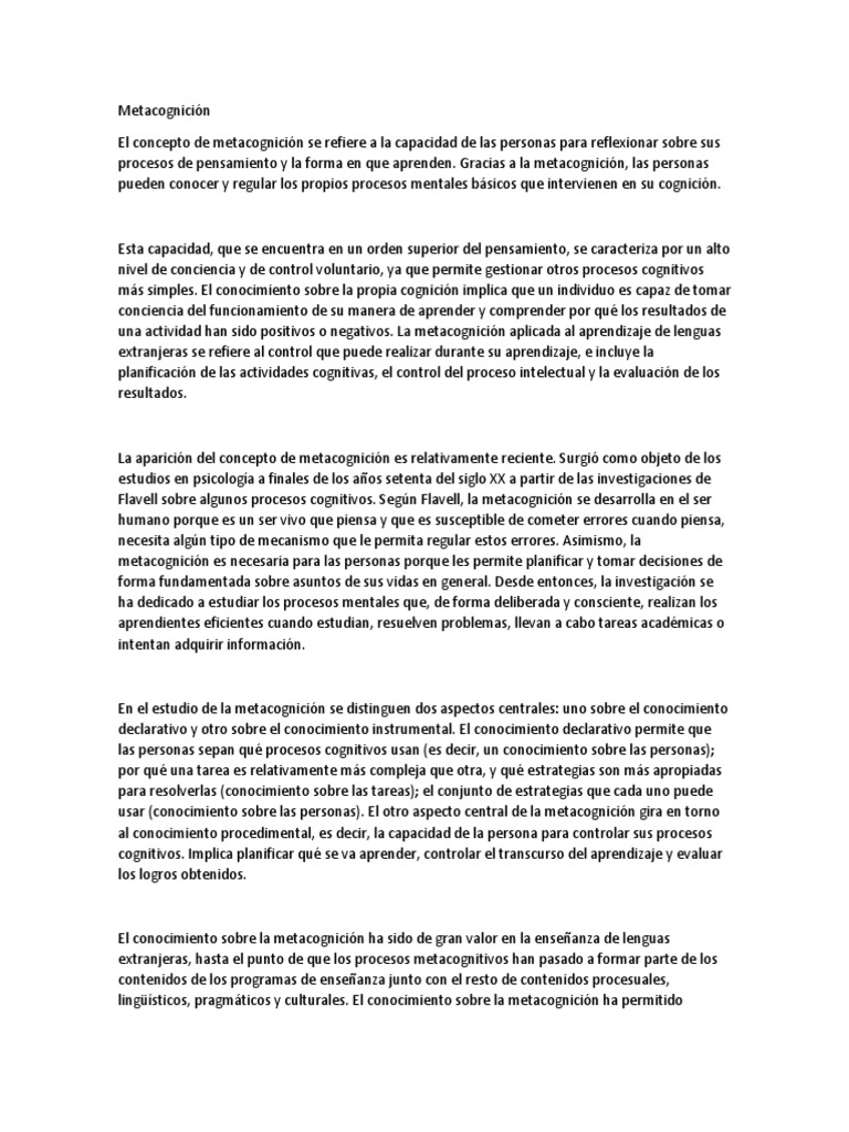 Metacognición en el Aprendizaje de Lenguas | PDF | Teoria de la mente ...