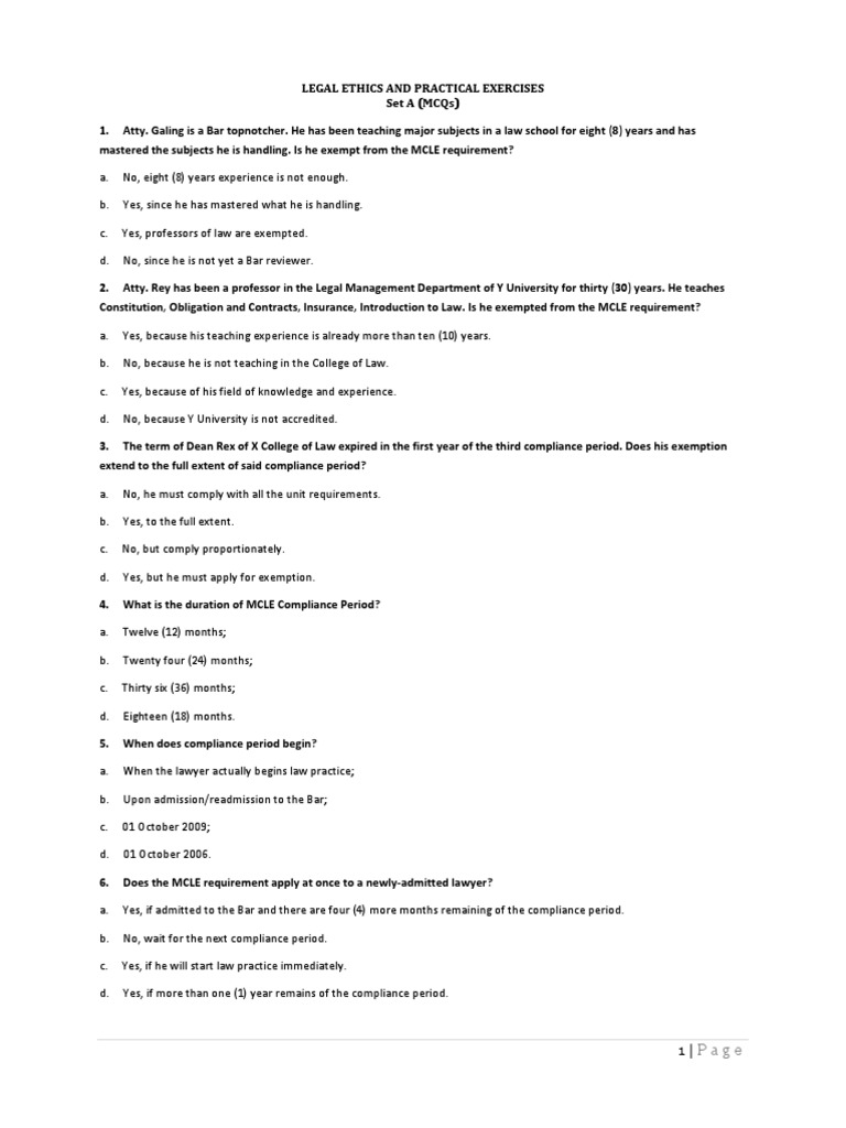 Legal Ethics Bar Exam Questions 2011 MCQ Bar Questionnaire PDF