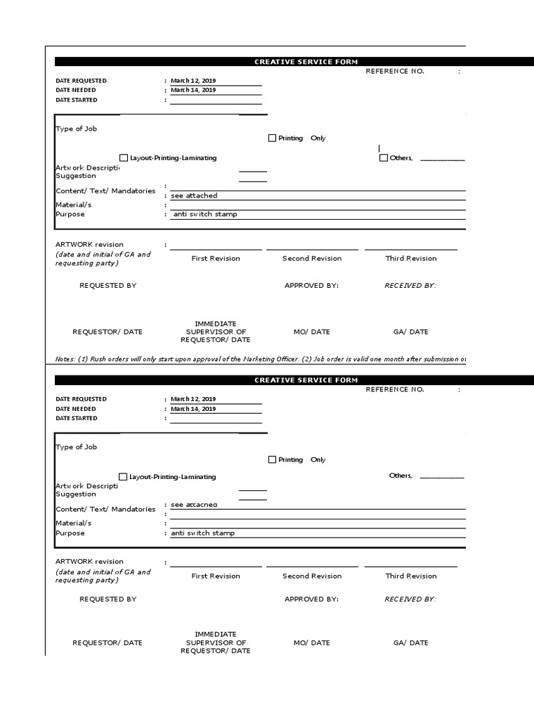 (Date and Initial of GA and Requesting Party) : Creative Service Form ...