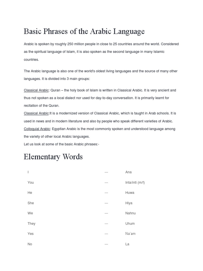 Basic Phrases of The Arabic Language | PDF | Arabic | Arabs