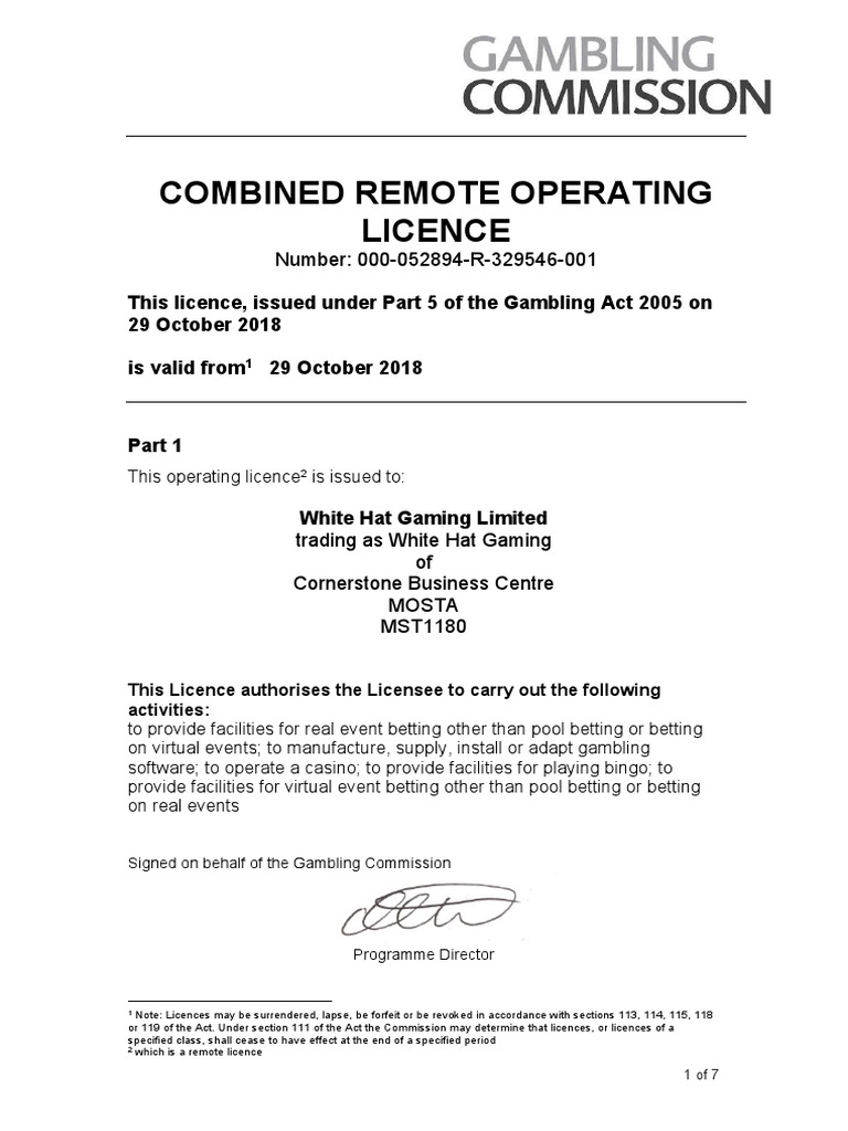 1 White Hat Gaming Limited Remote PDF License Gambling
