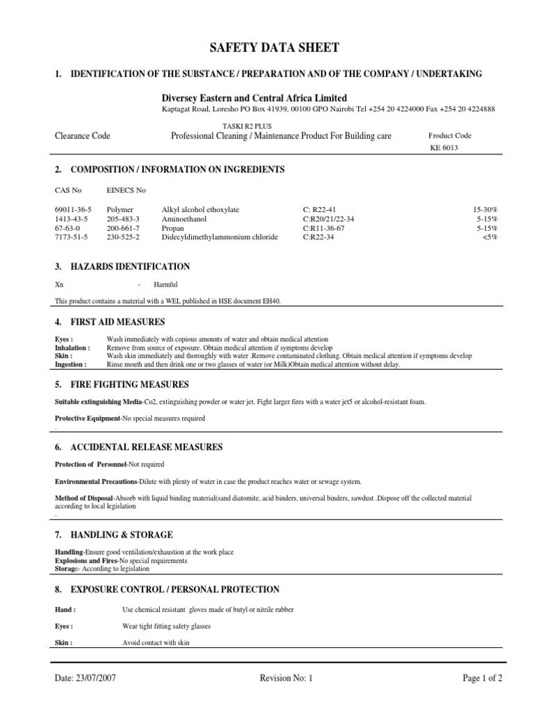 TASKI R2 Plus Safety Data Sheet | PDF | Water | Chemical Substances
