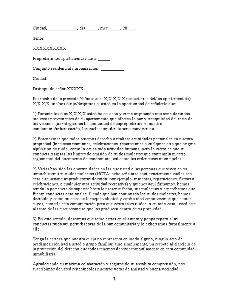 Modelo de Carta Dirigida A Un Propietario Por Los Ruidos Molestos PDF Condominio