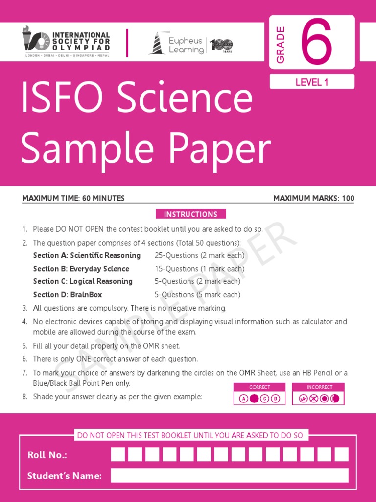 Class 6 Science Olympiad Sample Paper | PDF | Reflection (Physics ...