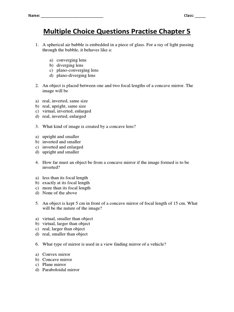 Multiple Choice Questions on Optics and the Properties of Lenses and Mirrors PDF Lens