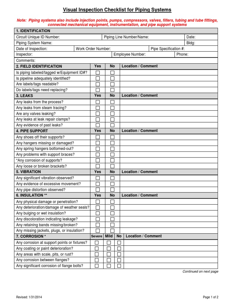 Visual Inspection Checklist For Piping Systems: Connected Mechanical ...