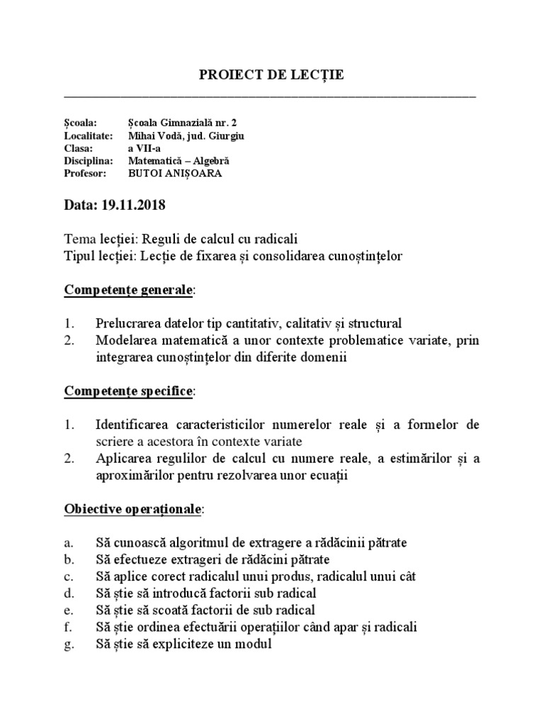 Proiect De Lectie Matematica Clasa Vii