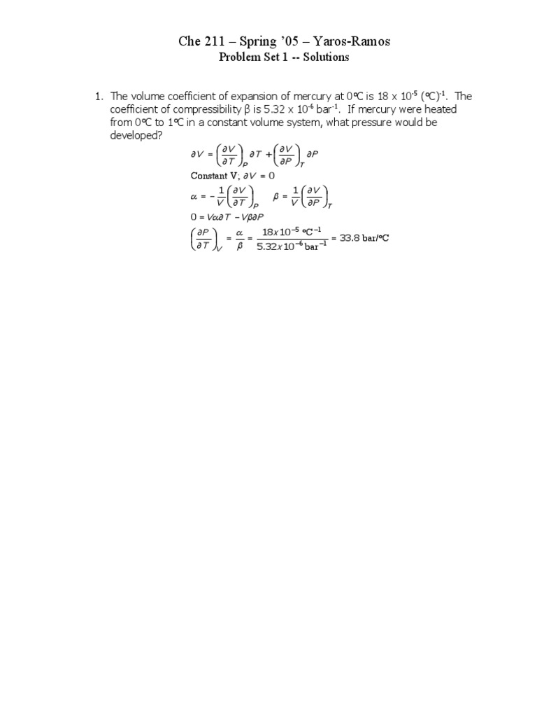 Che 211 Spring '05 Problem Set Solutions | PDF | Gases | Molar ...
