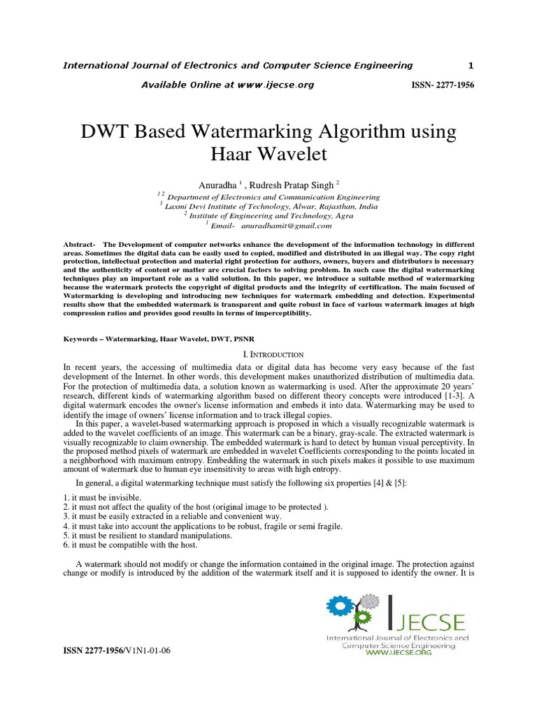 DWT Based Watermarking Algorithm Using Haar Wavelet: Anuradha, Rudresh ...