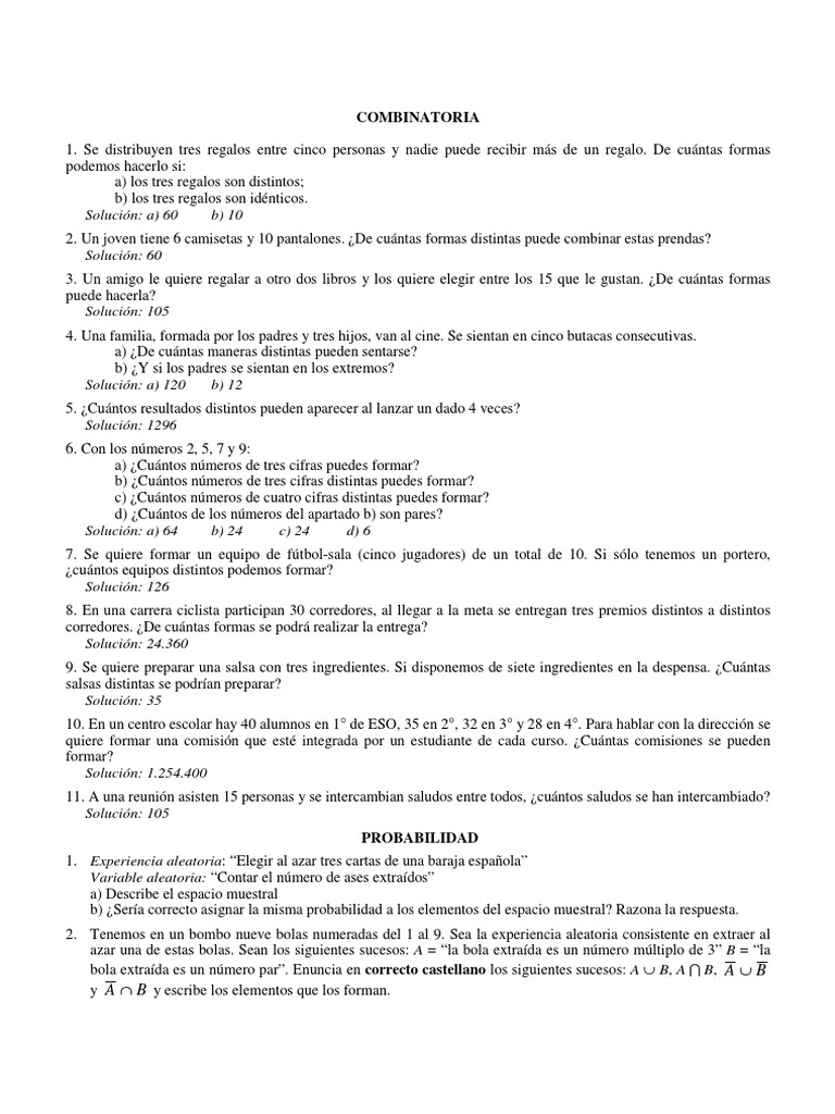 Combinatoria y Probabilidad: Ejercicios Resueltos | PDF | Probabilidad ...