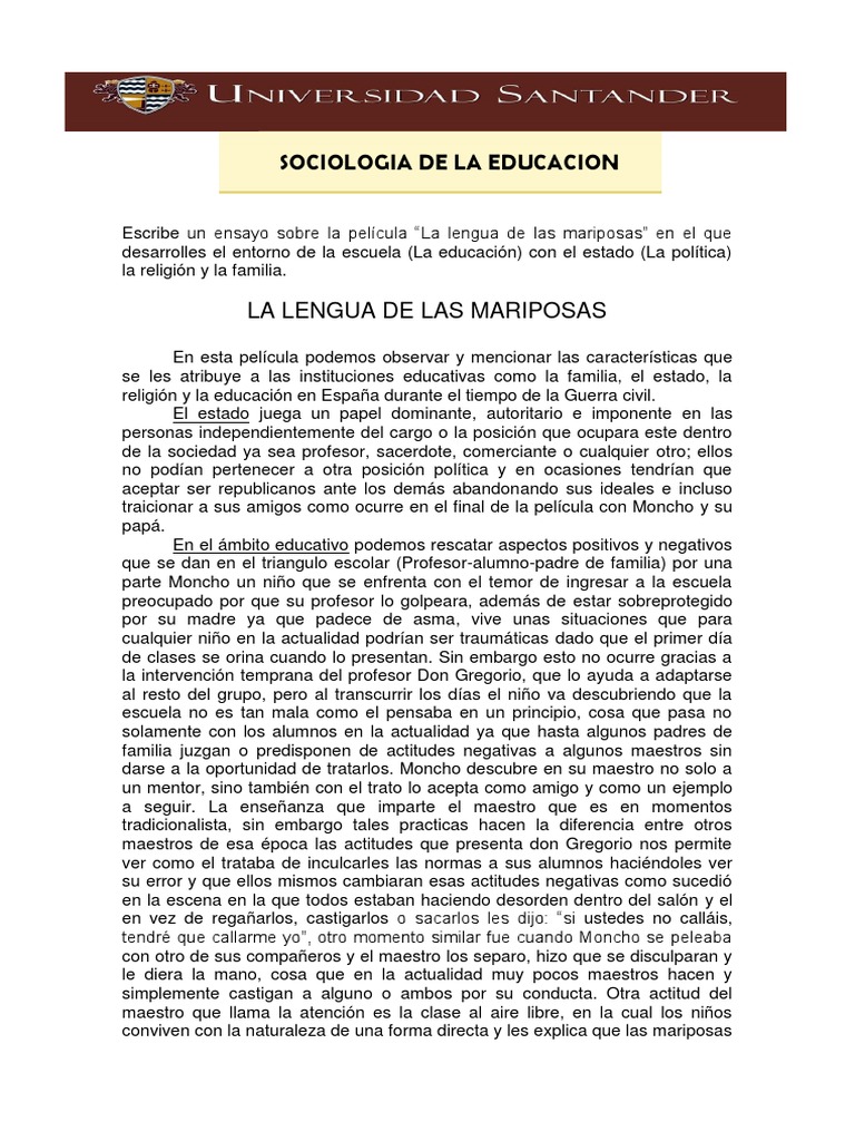 Ensayo de La Lengua de Las Mariposas | PDF | Educación avanzada | Enseñando  y aprendiendo