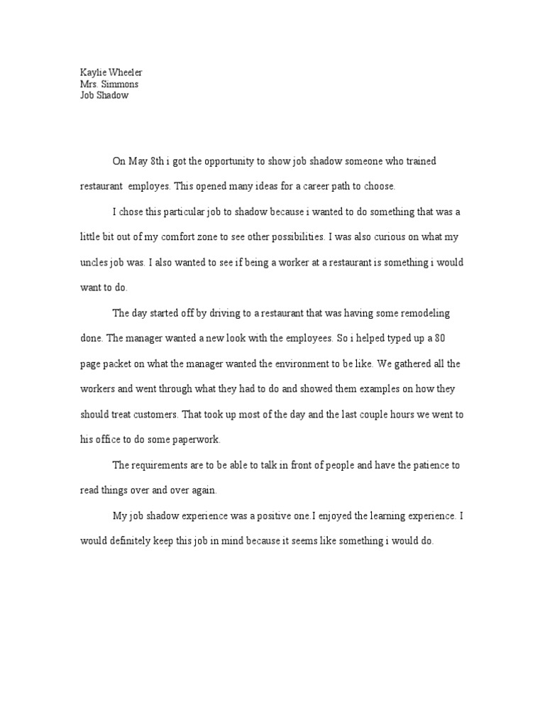 Job Shadow Experience in Restaurant Training | PDF
