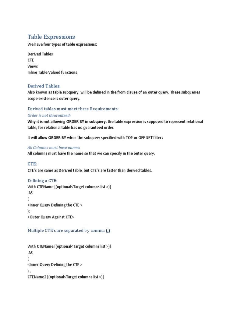 Table Expressions: Derived Tables | PDF | Table (Database) | Relational ...