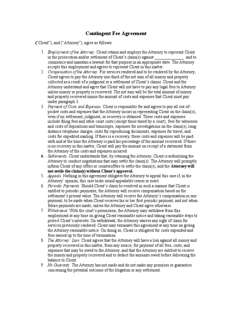 Contingency Fee Agreement Outlining Terms of Legal Representation and
