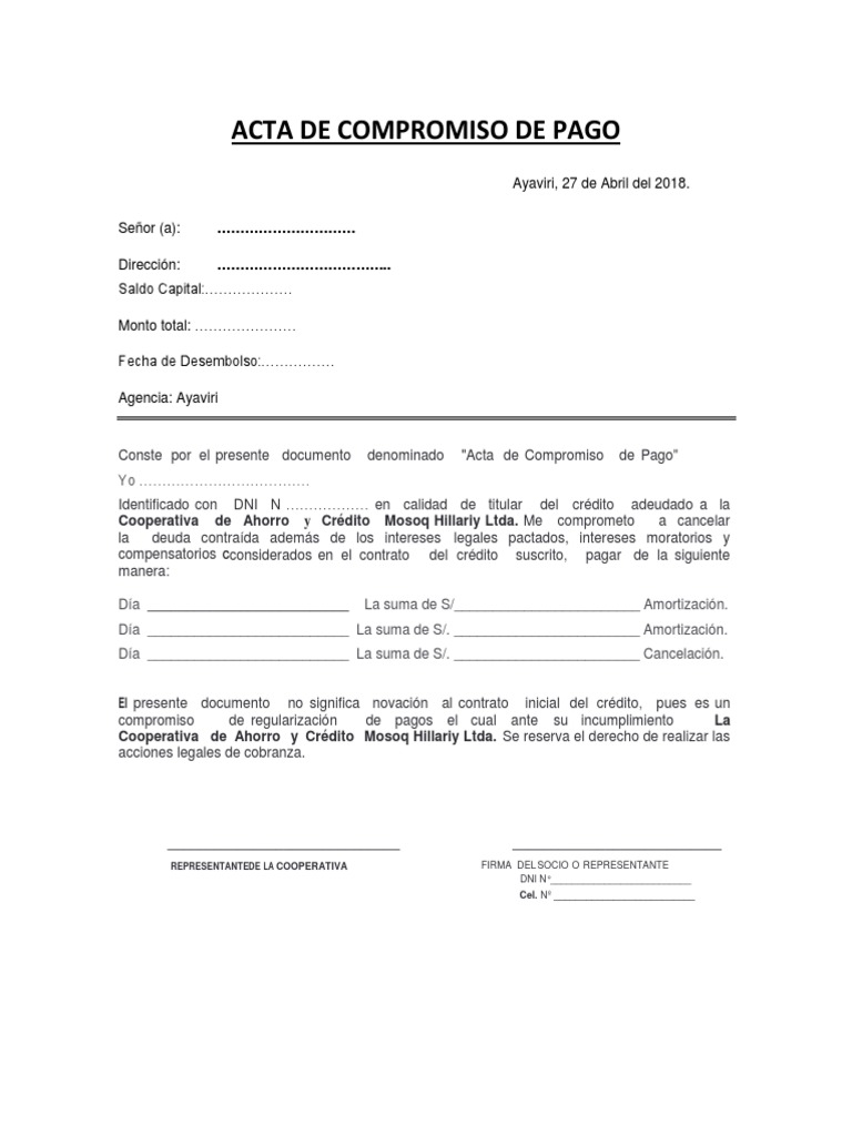 Acta de Compromiso de Pago de Deuda | PDF | Finanzas y dinero | Derecho