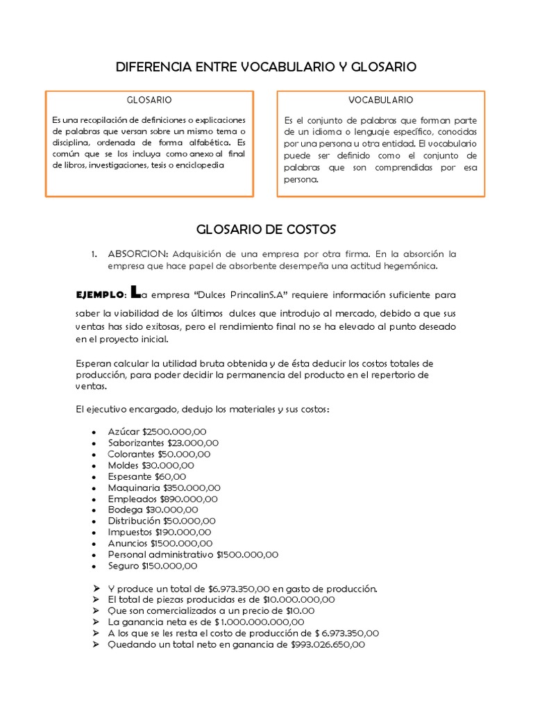 Diferencia Entre Vocabulario y Glosario | PDF | Salario | Costo