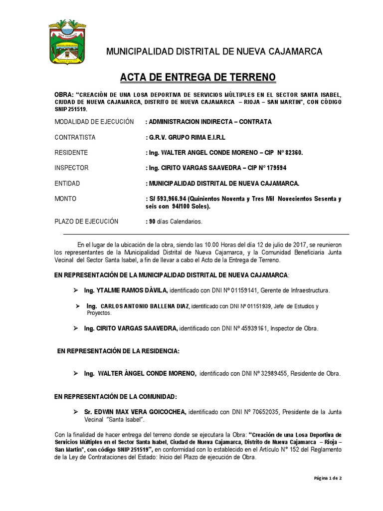 Acta De Entrega De Terreno Municipalidad Distrital De Nueva Cajamarca
